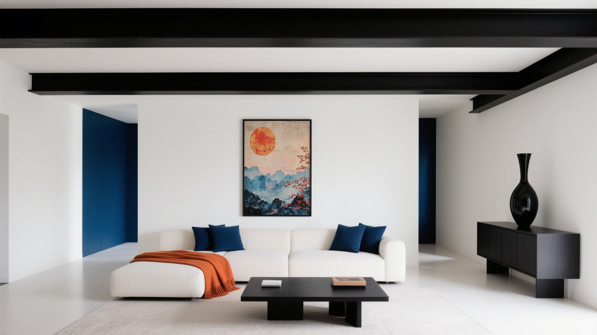 Japanese Wall Art for Lounge of Blue mountains and orange sun
