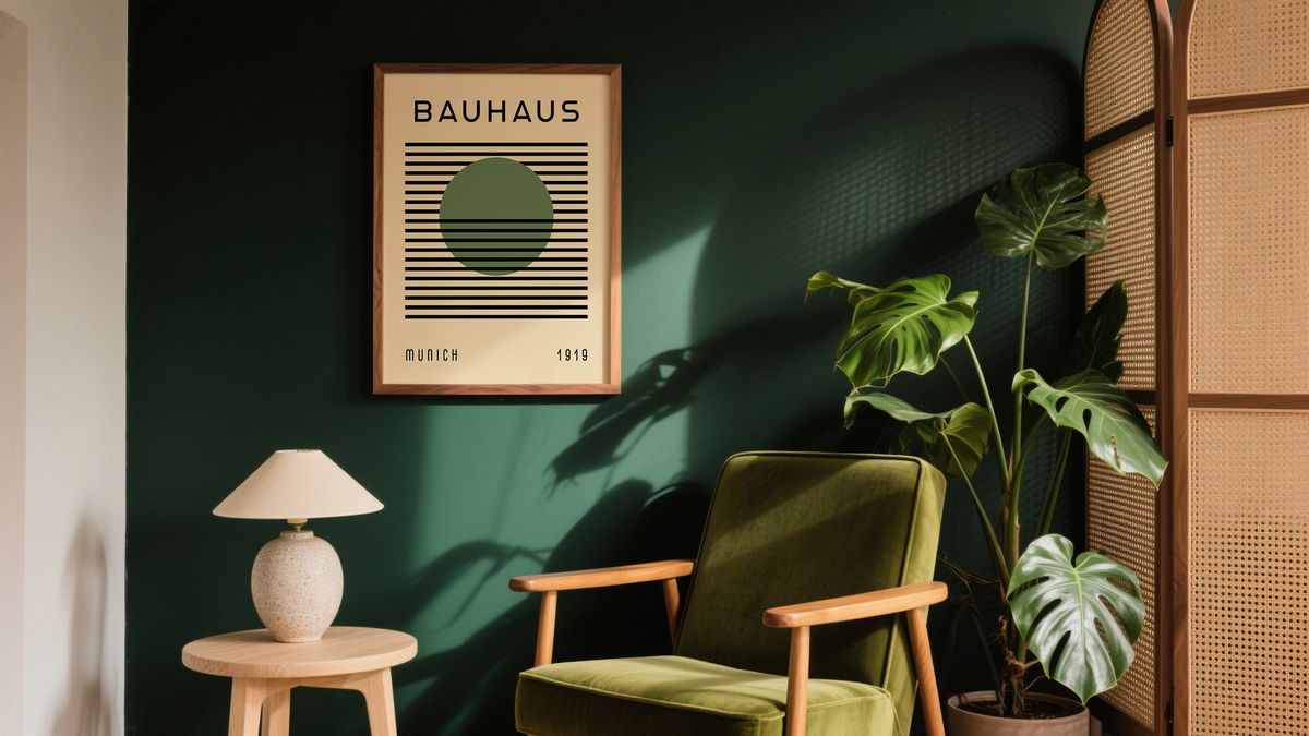 Green Wall Decor displayed with a framed Modern Mid Century Bauhaus Poster