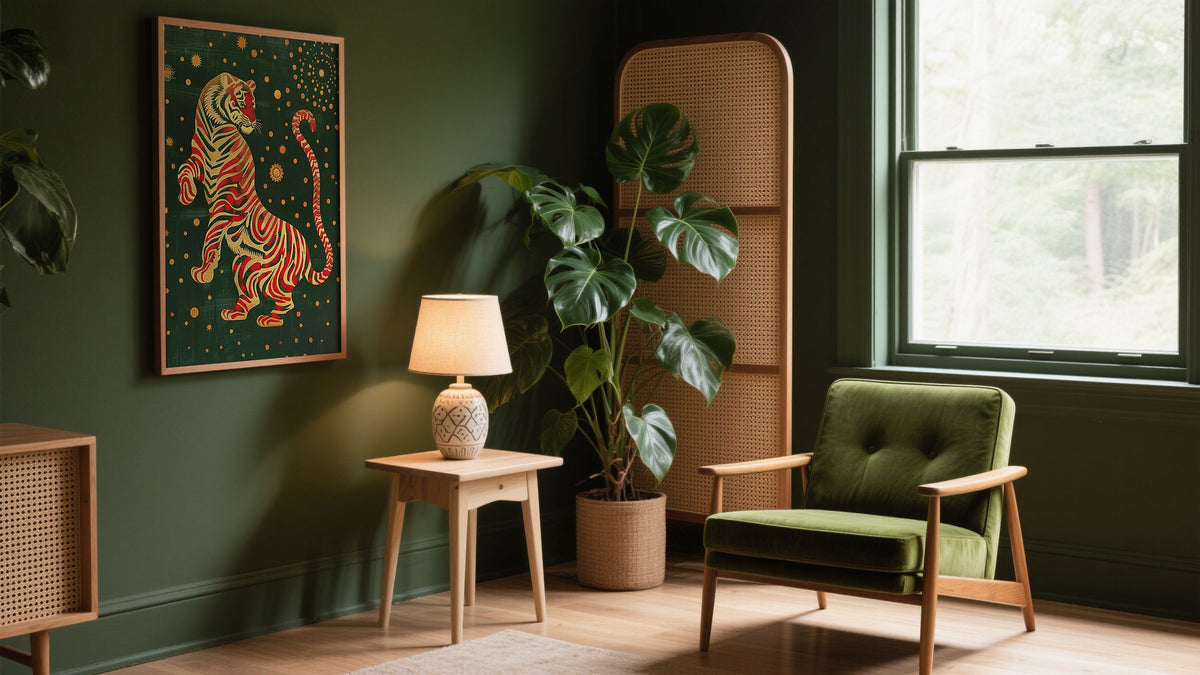 Art and Posters of Asian traditional tiger in gold red and green