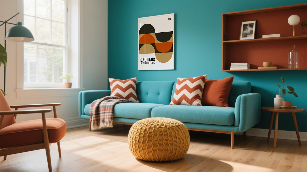 Large art wall hanging above a colorful modern living room