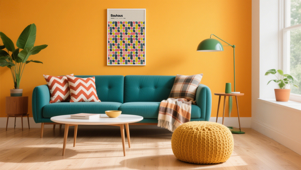 Colorful Poster above a sofa in a bright living room