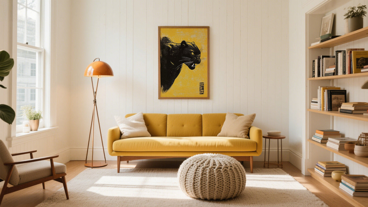 Big Print Art of black panther with yellow background