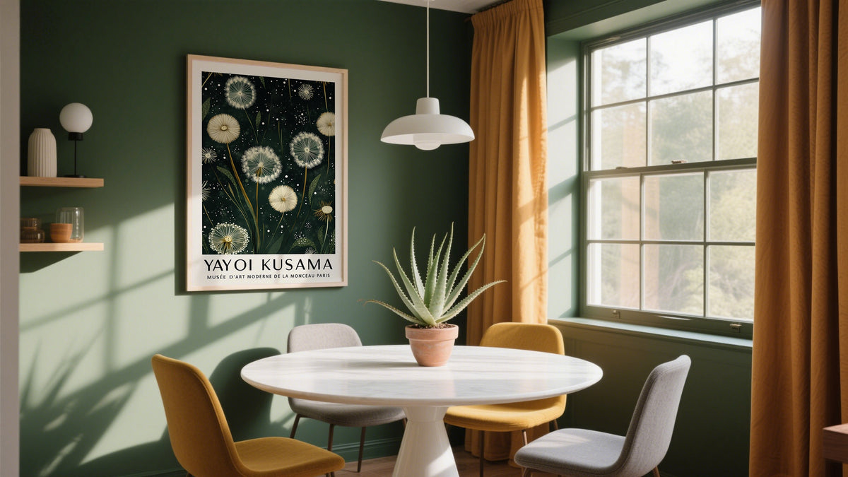 Modern interior styled with framed Yayoi Kusama print showcasing bold floral elements in a vivid example of Japanese flower artwork.