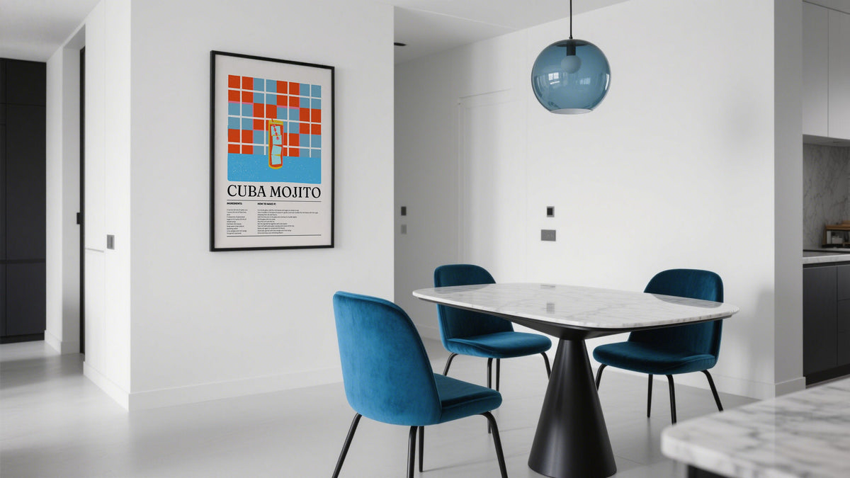 Colorful cocktail-themed poster in a dining room showcasing one of the modern wall size art prints available for home decor.