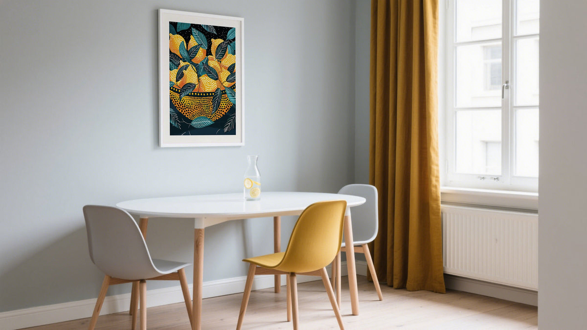 Bowl of Lemons Prints on the wall in a ikea dining room