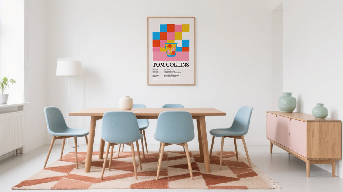 Large dining room wall art of Tom Collins Cocktail Print above large table