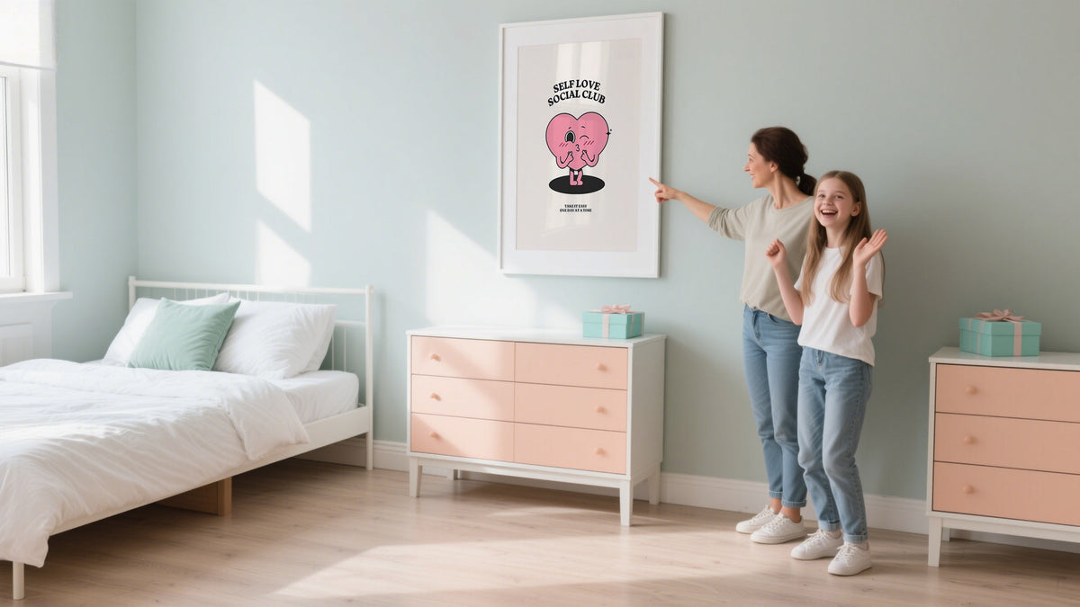 Bedroom styled with framed art and thoughtful gift items for girls