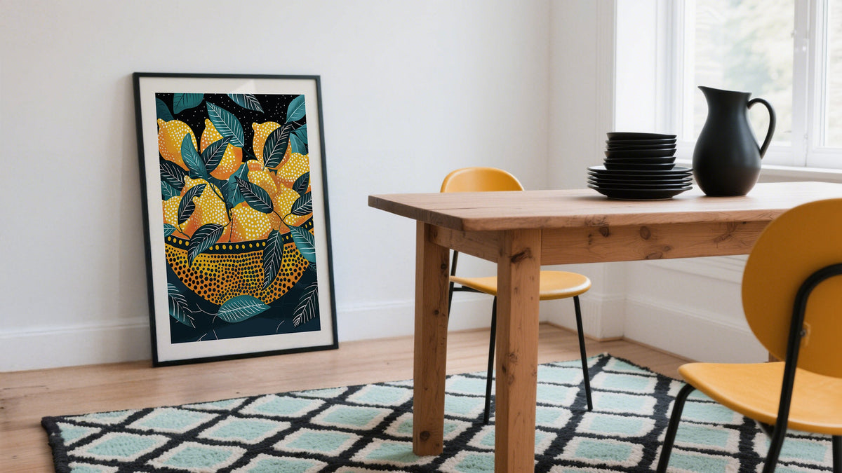 Pictures for dining room of a bowl of lemons leaning on wall