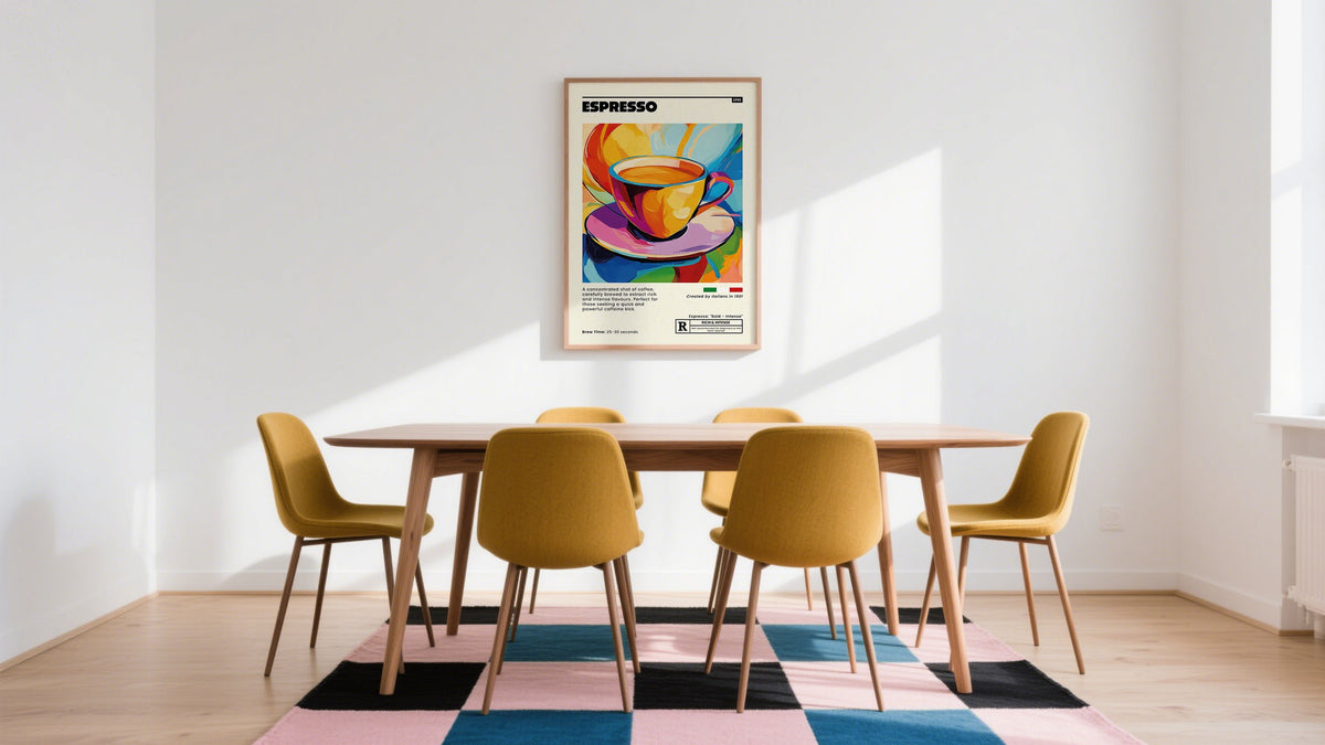 Modern wall art for dining room featuring a vibrant coffee cup painting.