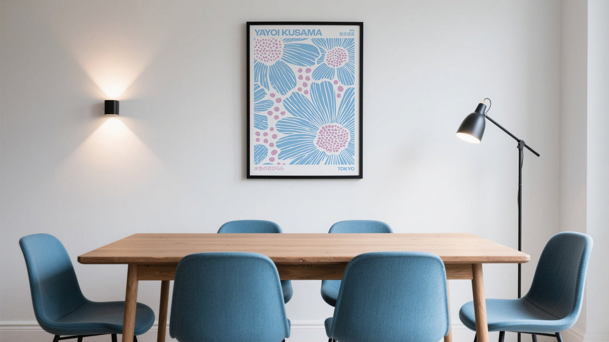 Framed Yayoi Kusama print inspired by japanese floral paintings in dining room