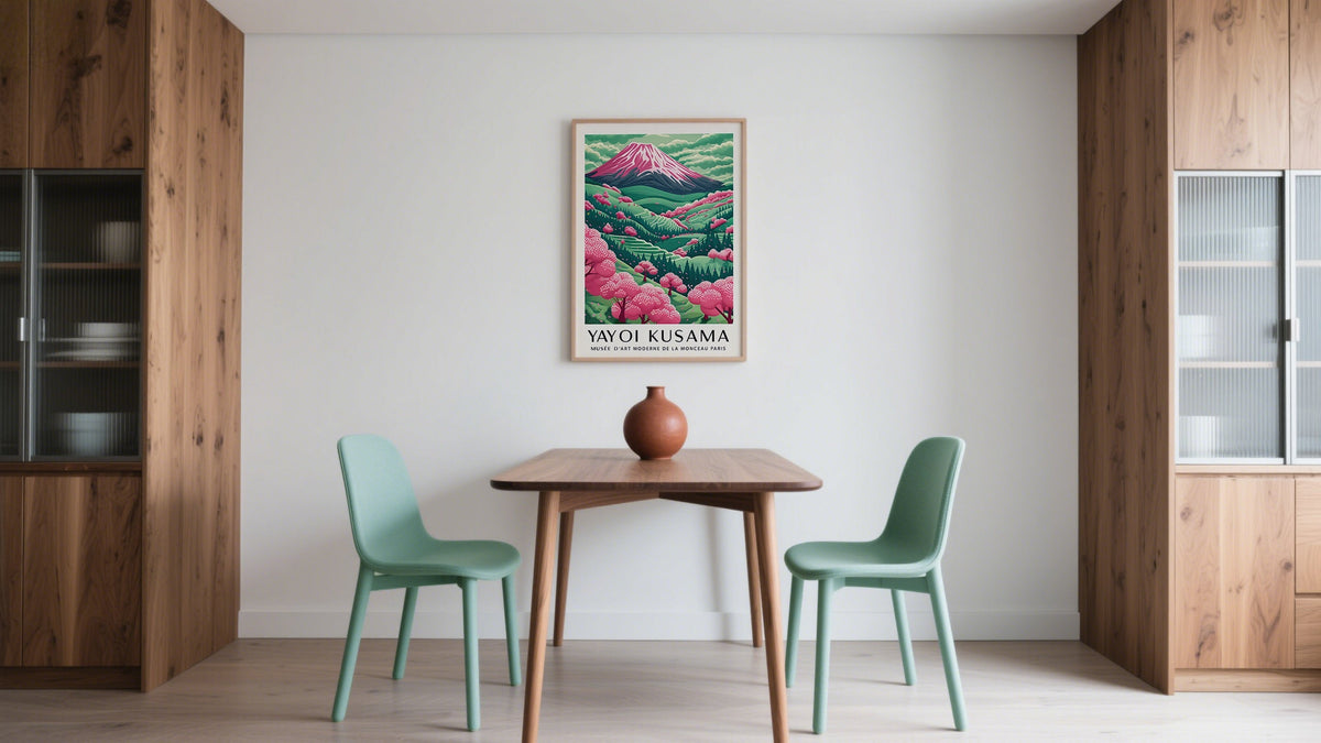 Japanese Landscape Print of Mount Fuji in Pink and Green