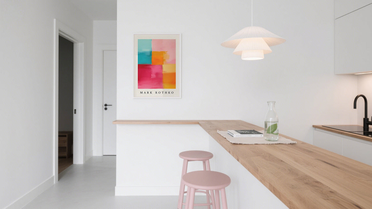 Colorful paper posters in color blocks style inspired by Mark Rothko in kitchen