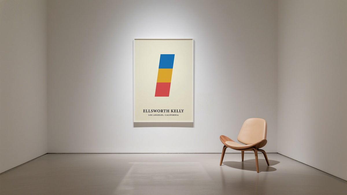 Close-up of modern museum prints with abstract forms and clear lines