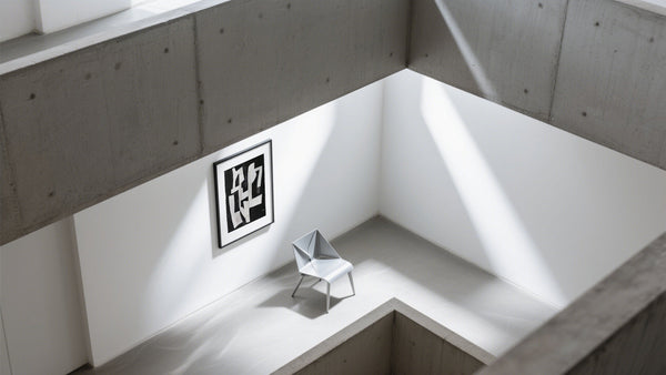 Art museum prints with soft lighting in a concrete industrial museum