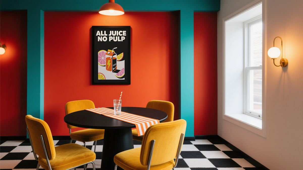 Cool artwork wall decor in funky dining room space
