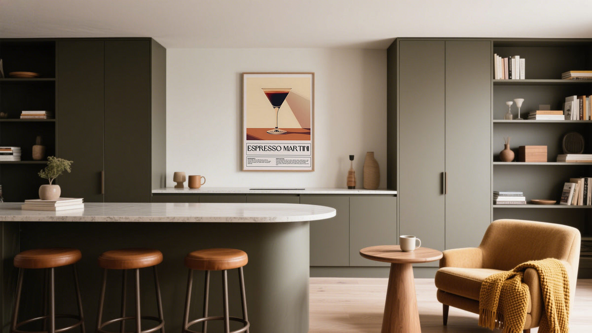 Print room decor displayed above a minimalist kitchen dining area