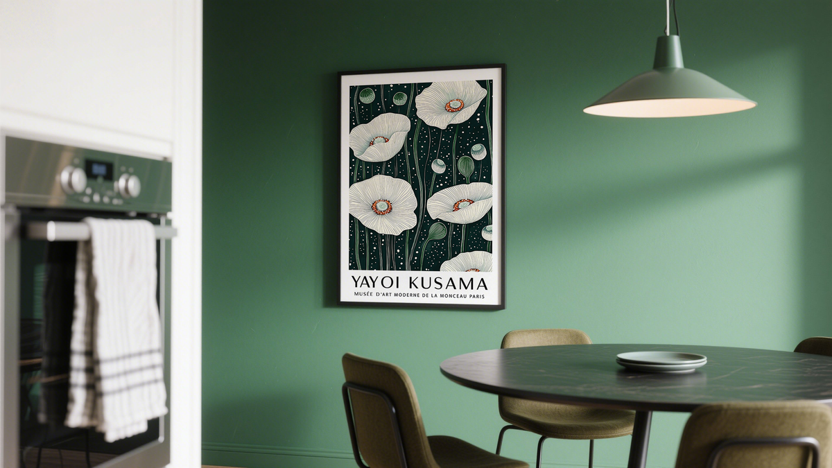 Black and Green Wall Art displaying large white flowers