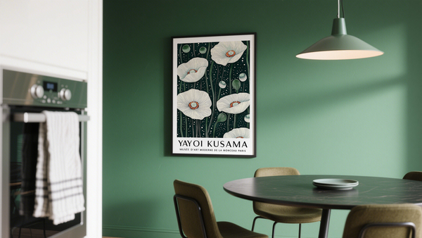 Black and Green Wall Art displaying large white flowers