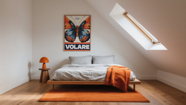 Finding Bedroom Art: Minimalist room with butterfly print and orange accents.