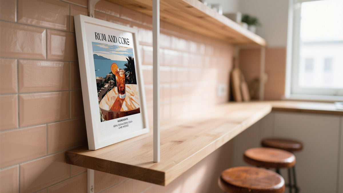 Framed print featuring a Rum and Coke cocktail recipe as playful wall art at home goods.