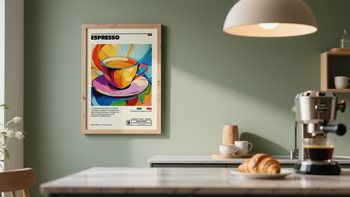 Bold Abstract Wall Art of a colorful espresso cup in a modern kitchen