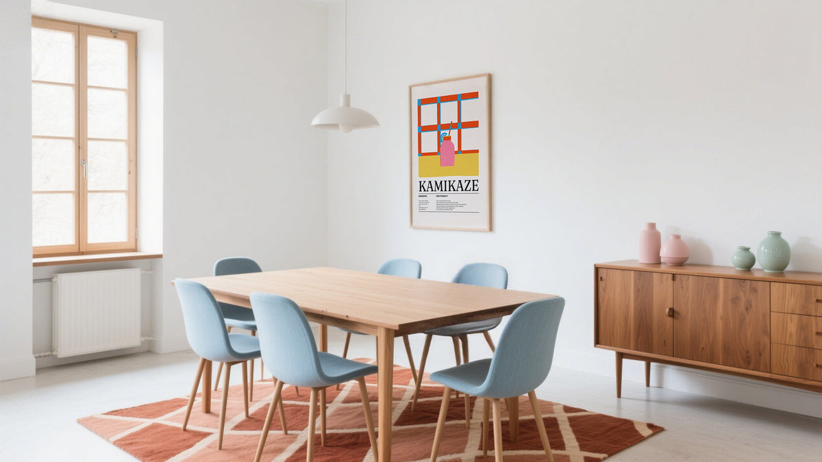 A modern dining room featuring framed abstract decorative art of a Kamikaze cocktail recipe with colorful geometric blocks above a wooden table.