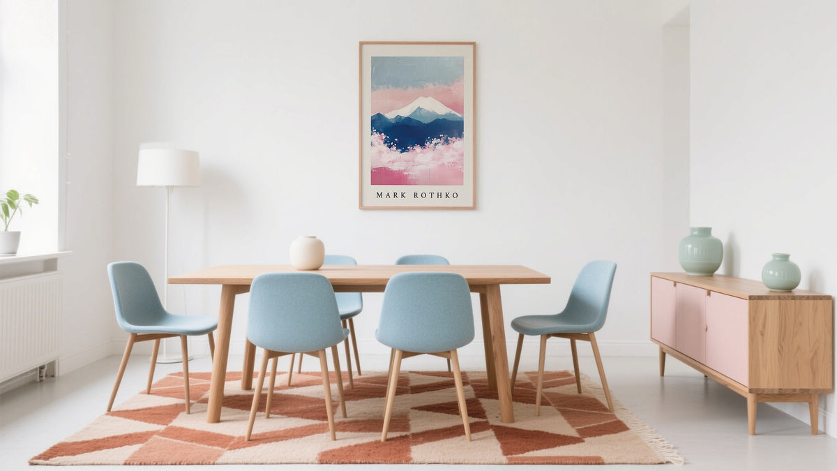 Modern dining room with a beautiful poster on the wall