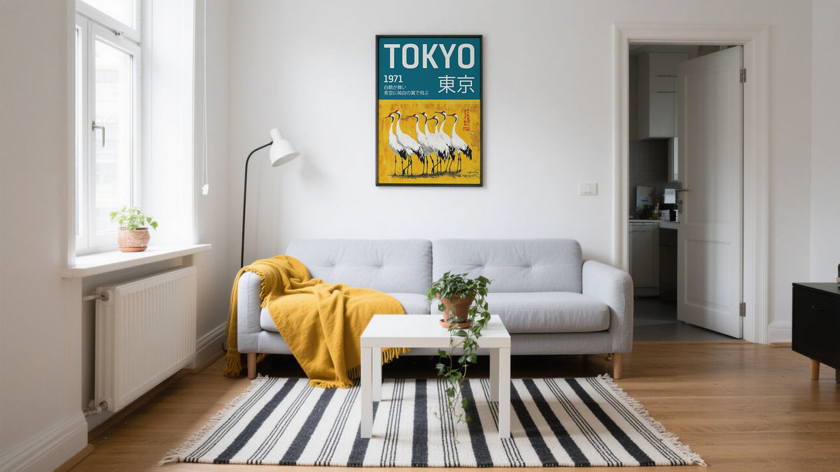 Tokyo Paintings to print of crane birds in yellow background