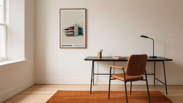 Bauhaus Prints in a minimalist Office with tan seat and desk setup