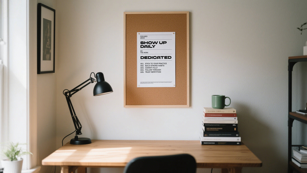 Determination Poster showing a message "Show Up Daily" above a home office desk.