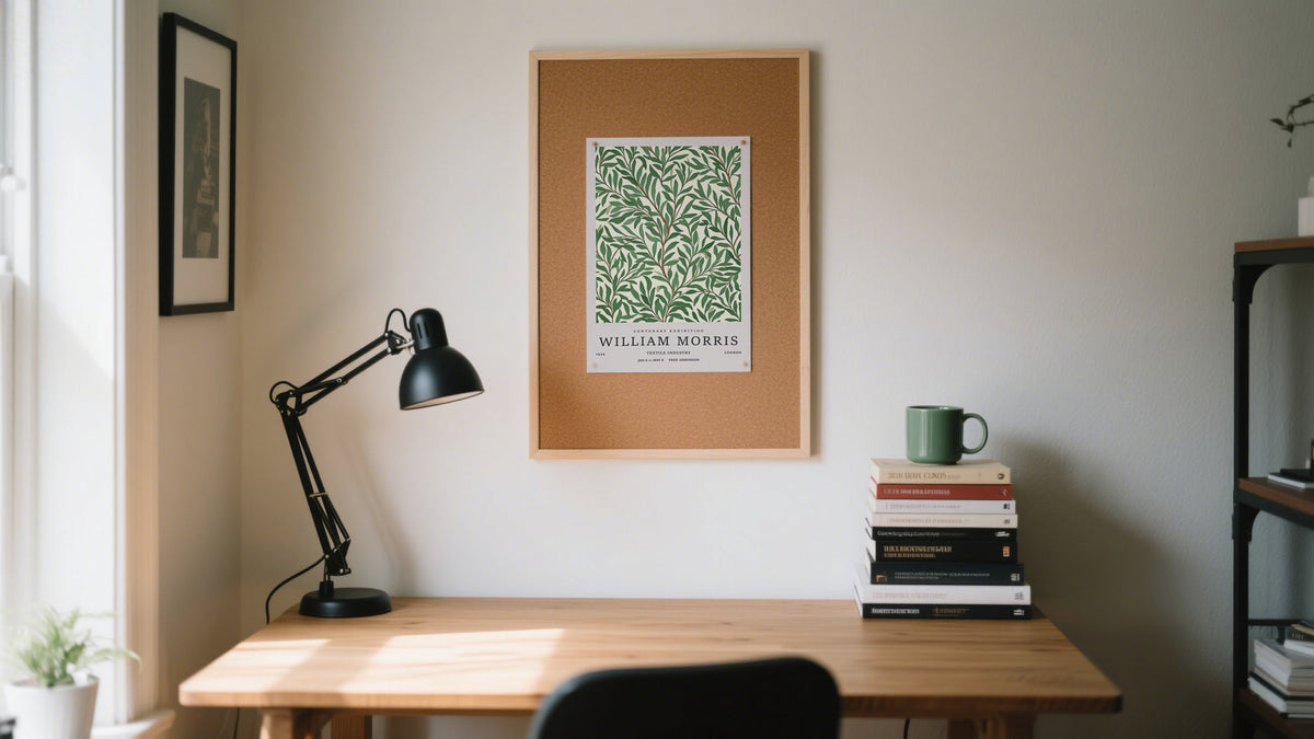 Unframed Art Posters of a William Morris botanical print above a desk