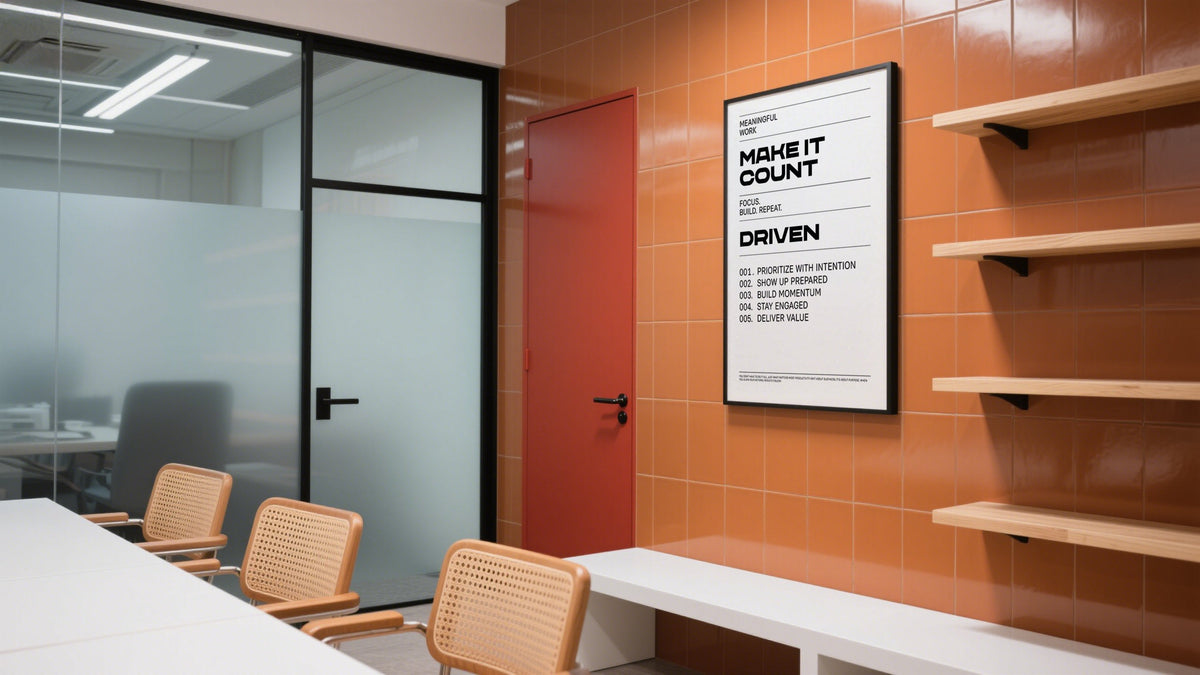 Modern workspace wall art with a framed sales motivational poster in black and white