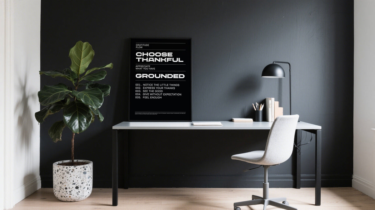 Positivity poster showing a clear message "Choose Thankful" in black and white