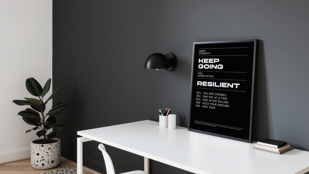 Men's office Wall Art with motivationa print above desk