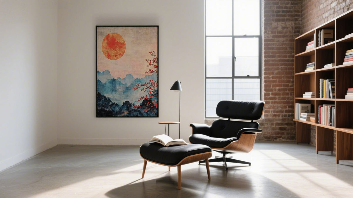 A framed mountain poster hanging above a reading nook.