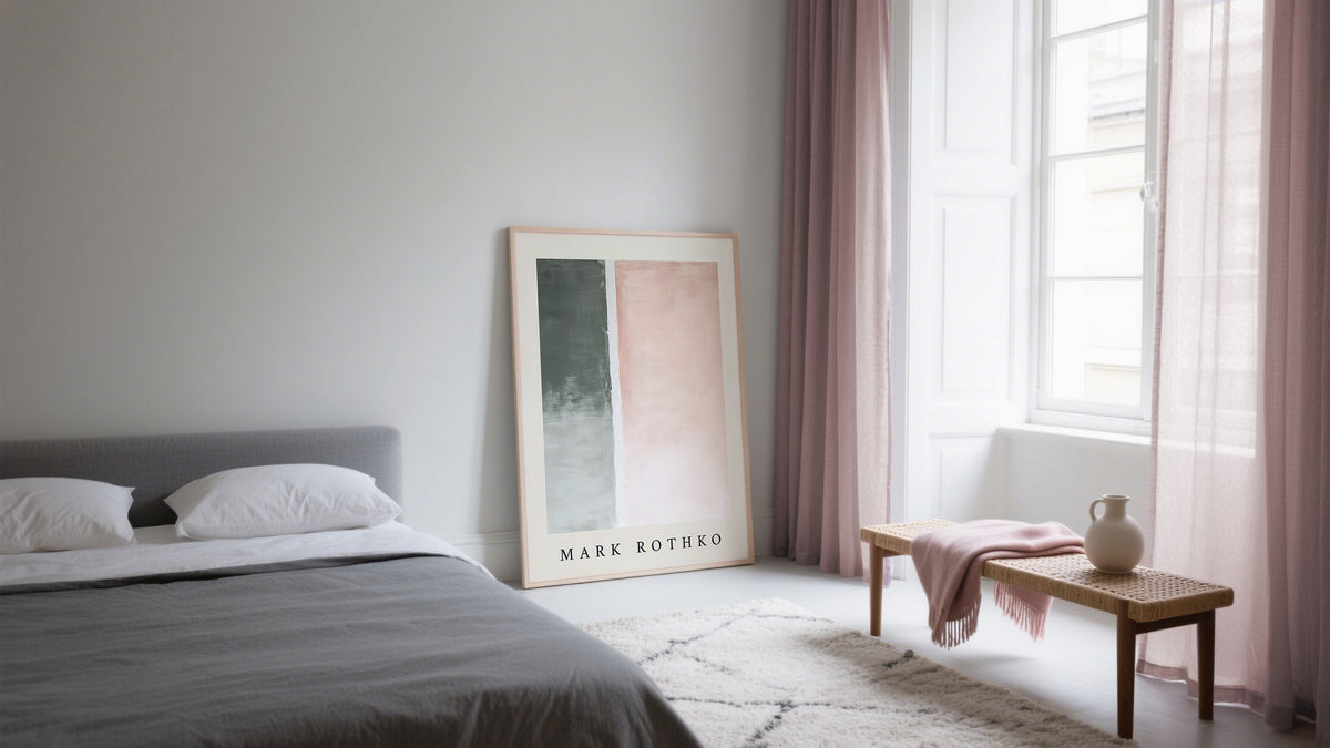US Wall Art of Mark Rothko Print leaning on wall in bedroom in Pastel pink and grey tones