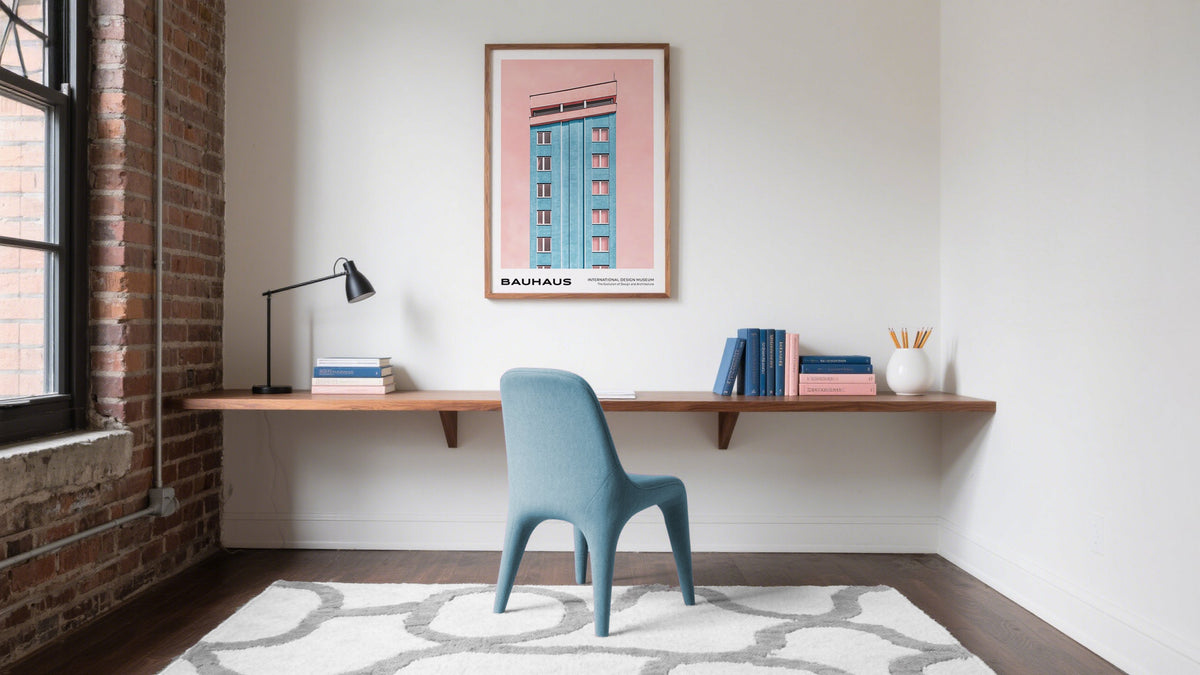 Minimalist Art for Creative Workspaces in Pink and Blue Bauhaus High Rise Poster