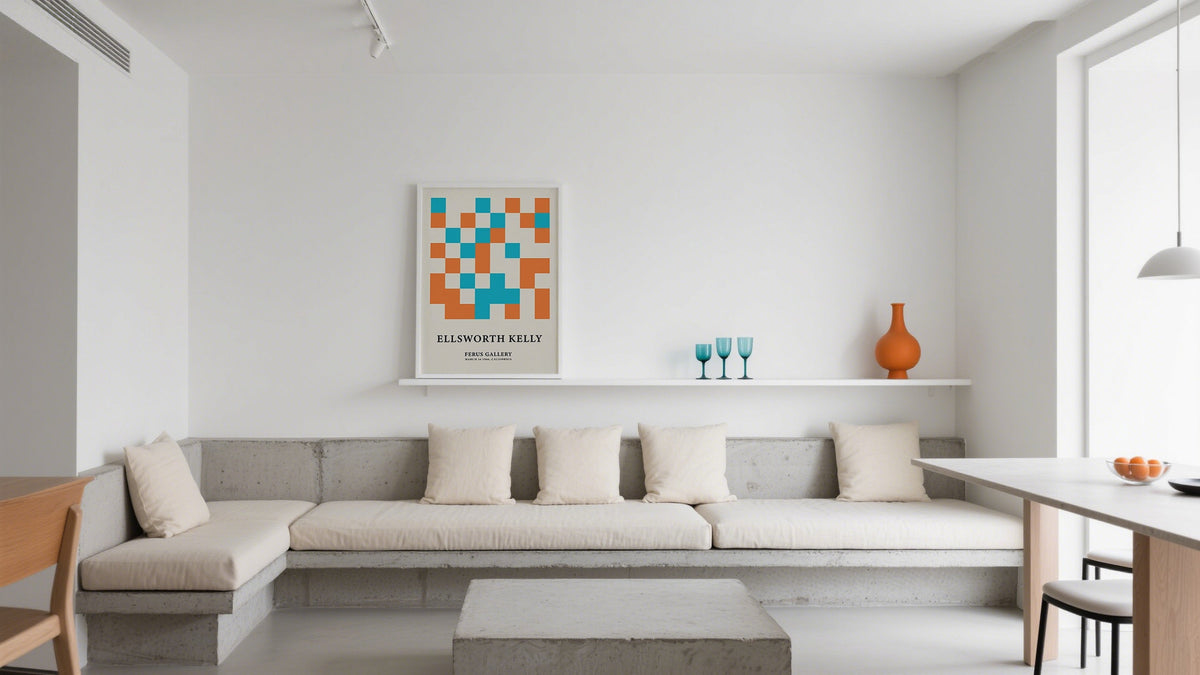 Minimalist space with museum prints for home and concrete, wood accents