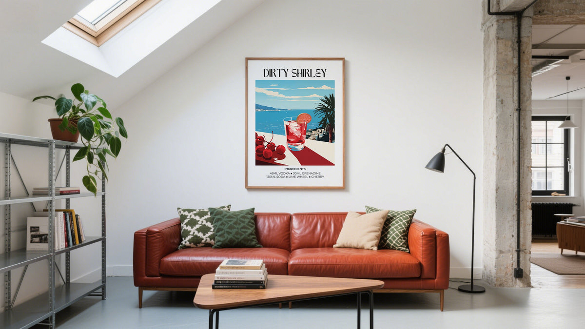 Dirty Shirly Cocktail Recipe Art above a red sofa