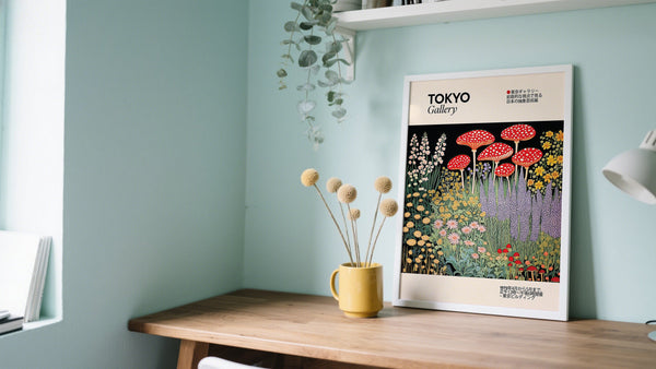 Japanese Flower Drawing of wildflowers and mushrooms on a desk space