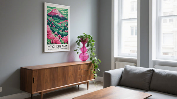 Japanese canvas art with mountain design in a Japandi interior setting