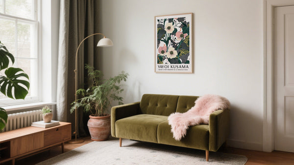 A Yayoi Kusama Inspired Modern Japanese Wall art in Living Room above a green sofa
