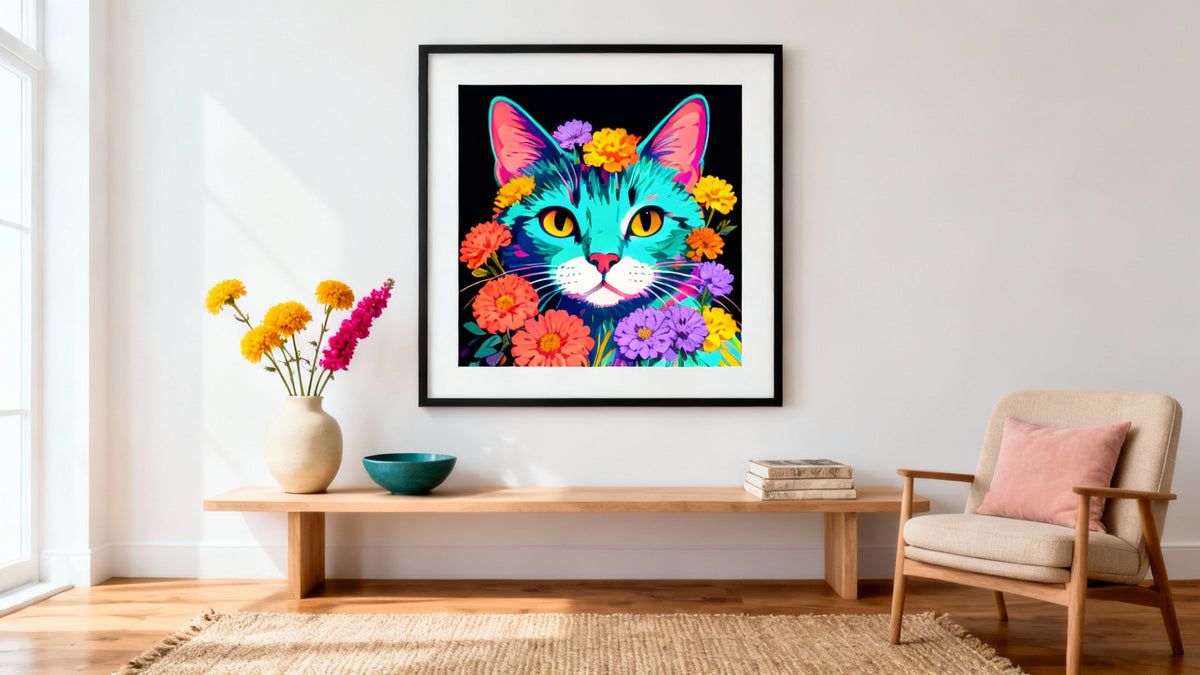 Framed colorful cat painting mockup for vibrant home decor inspiration.