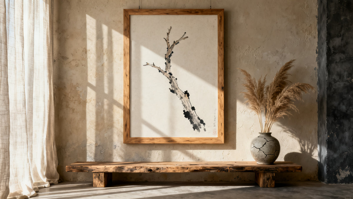 Framed wall art mockup showcasing wabisabi aesthetics, highlighting beauty in imperfection.