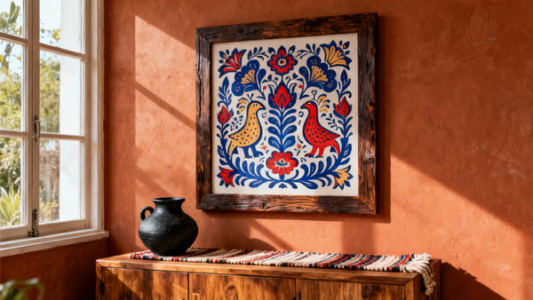 Framed mockup of vintage Mexican folk art showcasing vibrant regional traditions and unique designs.