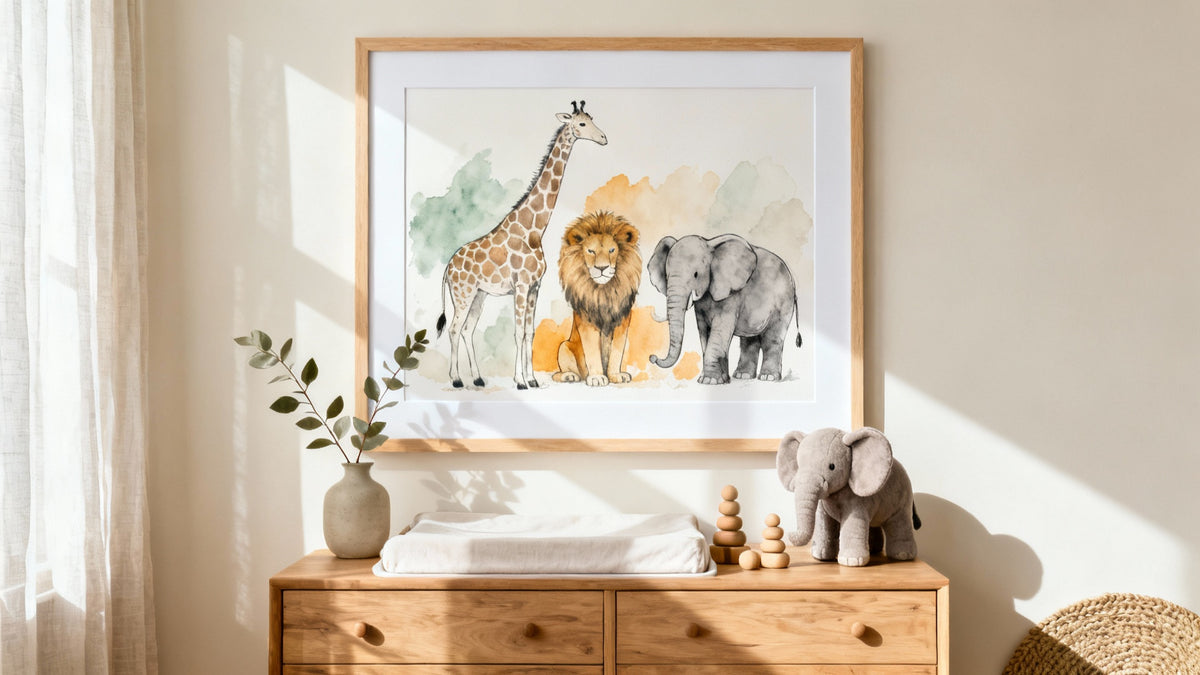 Framed jungle animal prints for nursery decor, perfect for a stylish safari-themed children's room.