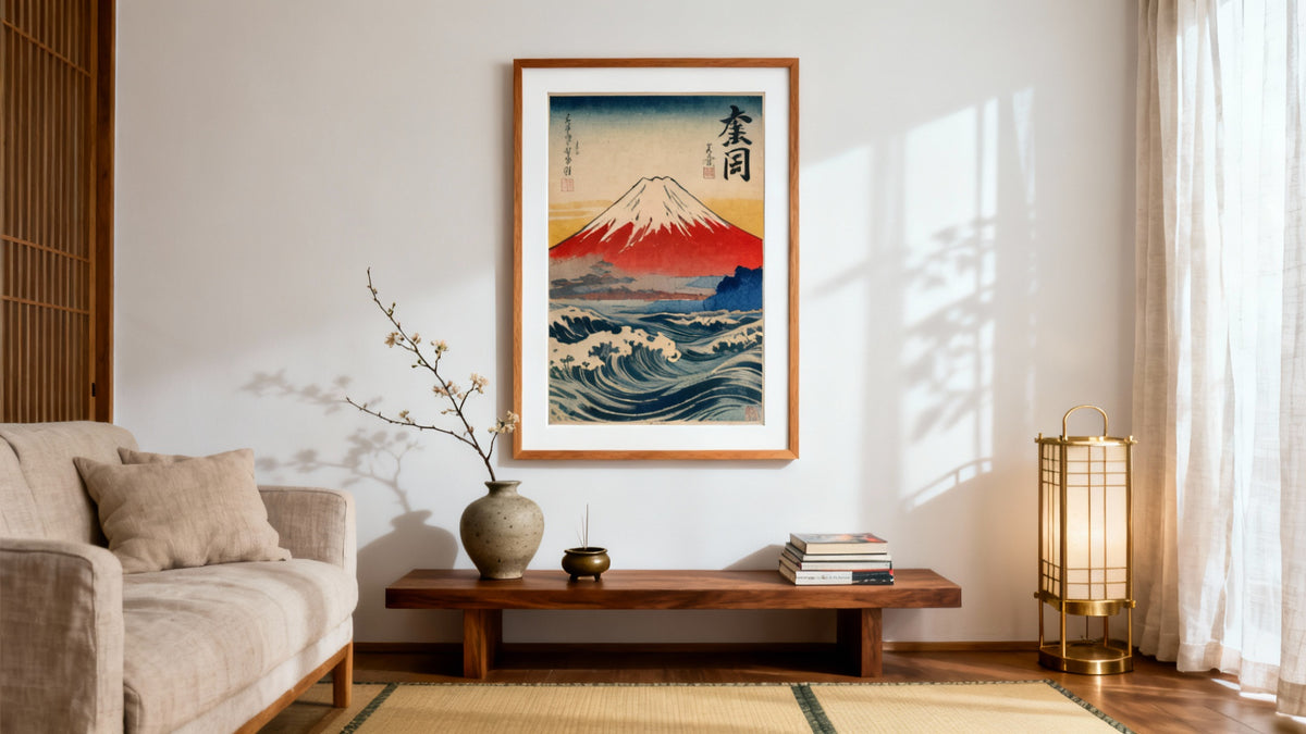 Framed vintage Japanese poster art mockup showcasing timeless Japanese art prints for home decor.