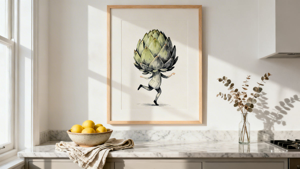 Framed funny kitchen art mockup adding whimsy to a cooking space with vibrant colors and playful designs.
