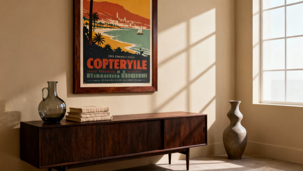 Framed large vintage poster mockup showcasing statement wall art for stylish home decor.