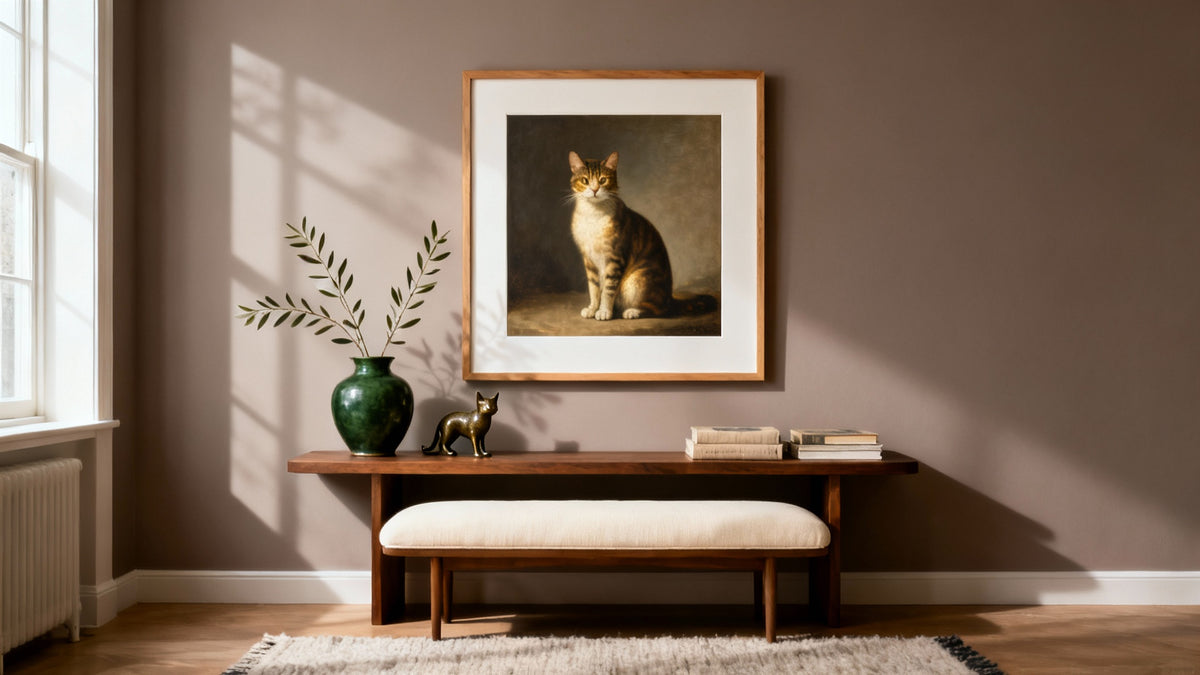 Framed wall art mockup showcasing famous paintings featuring cats, celebrating feline friends in classic masterpieces.